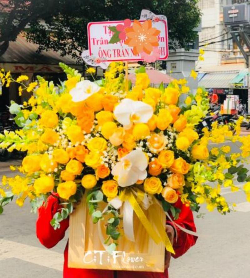 Chậu lan hồ điệp vàng rực rỡ, biểu tượng của sự trường thọ, thịnh vượng và lời chúc sức khỏe dồi dào, rất phù hợp để tặng người ở tuổi 58.